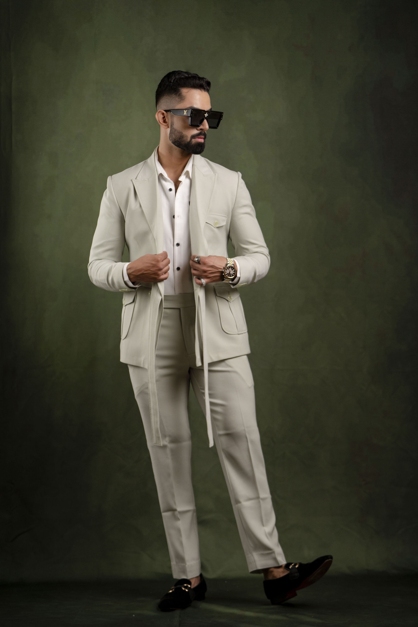 Off Green Belted Tuxedo Blazer