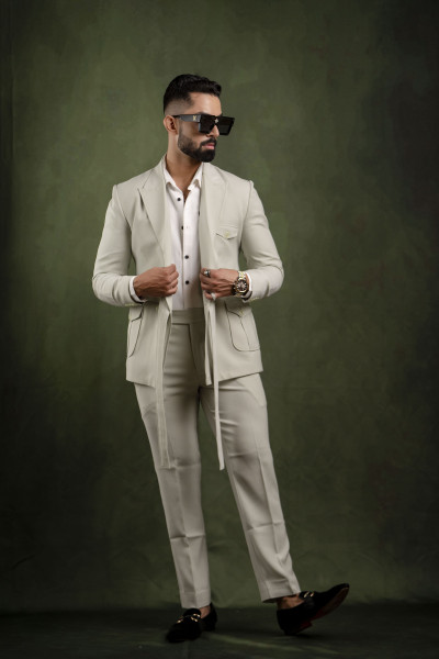 Off Green Belted Tuxedo Blazer
