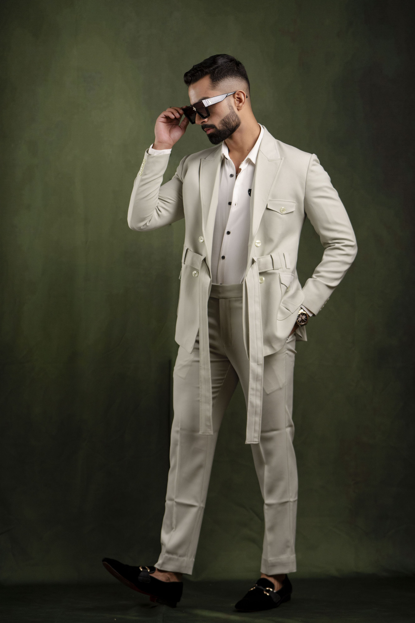Off Green Belted Tuxedo Blazer