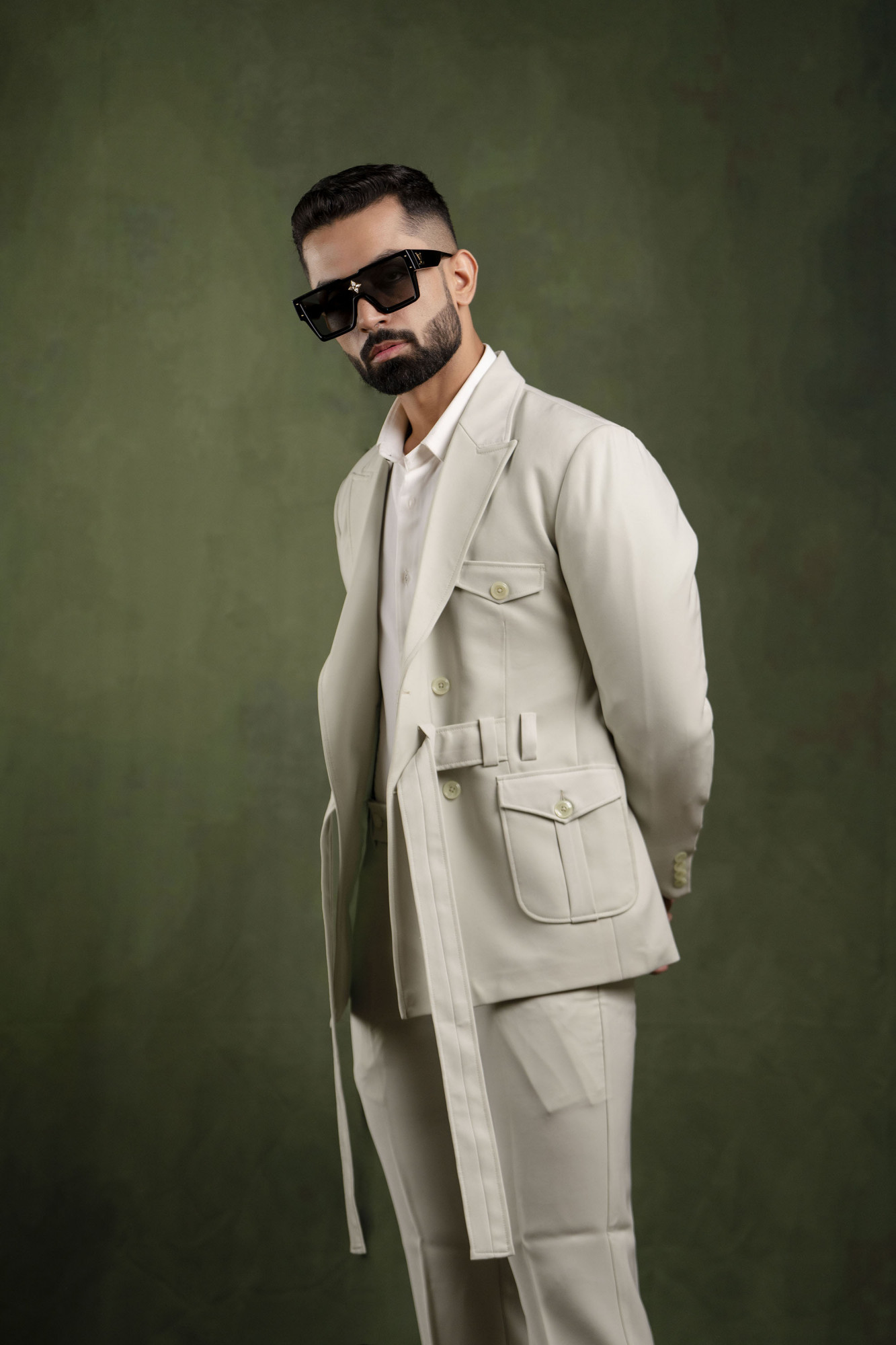 Off Green Belted Tuxedo Blazer