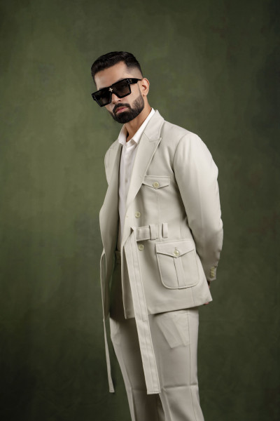 Off Green Belted Tuxedo Blazer
