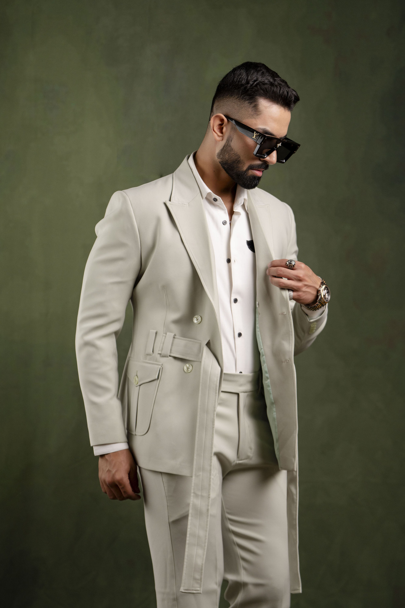 Off Green Belted Tuxedo Blazer