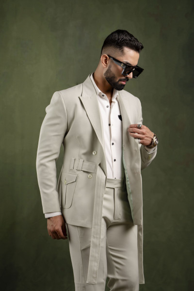 Off Green Belted Tuxedo Blazer