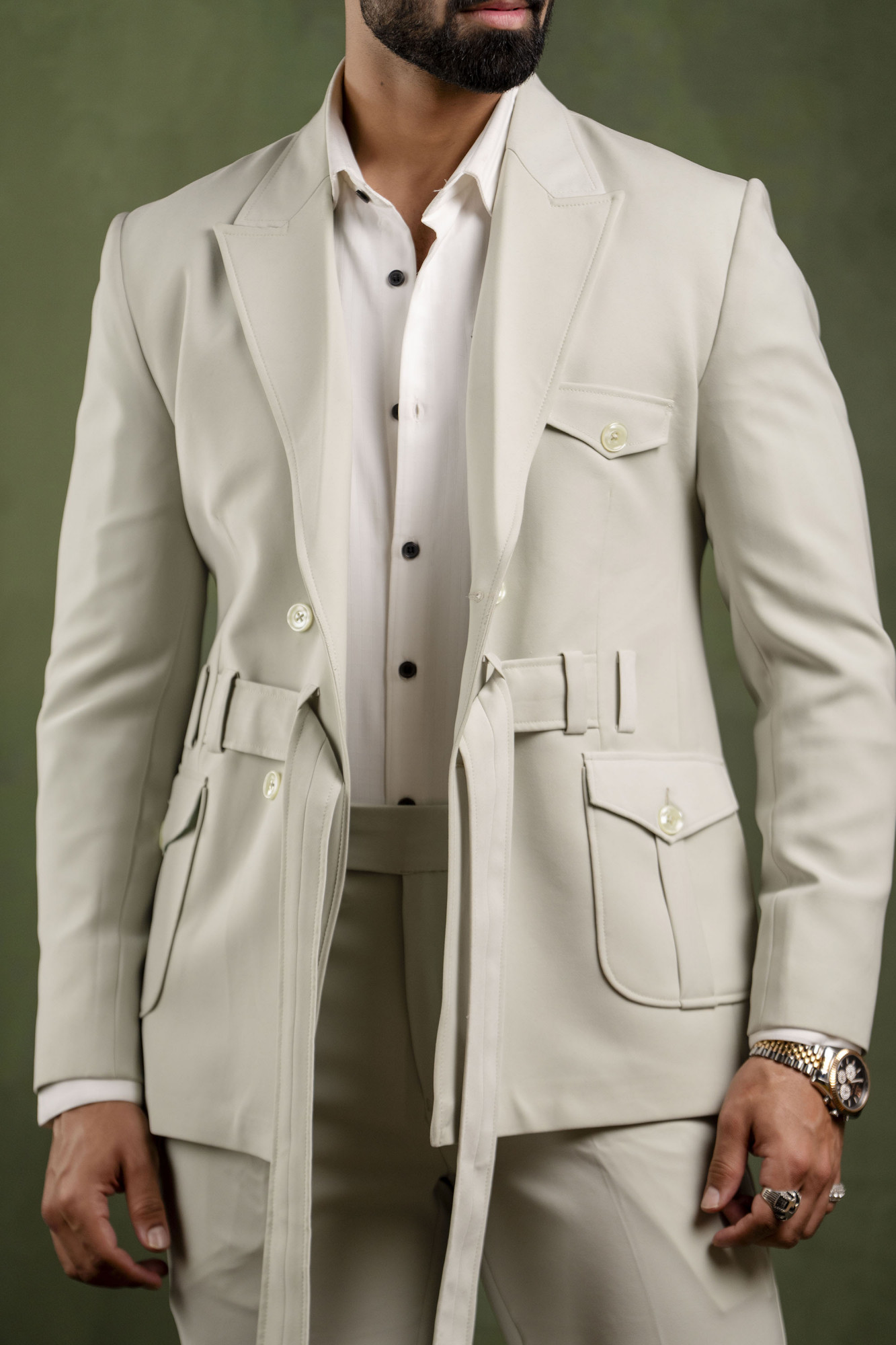 Off Green Belted Tuxedo Blazer