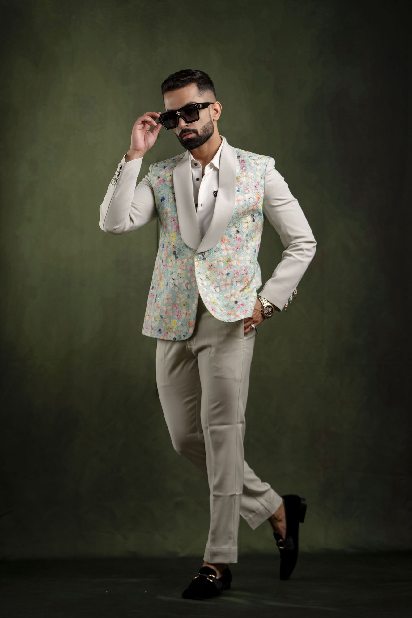 Off Green Painted Tuxedo Blazer