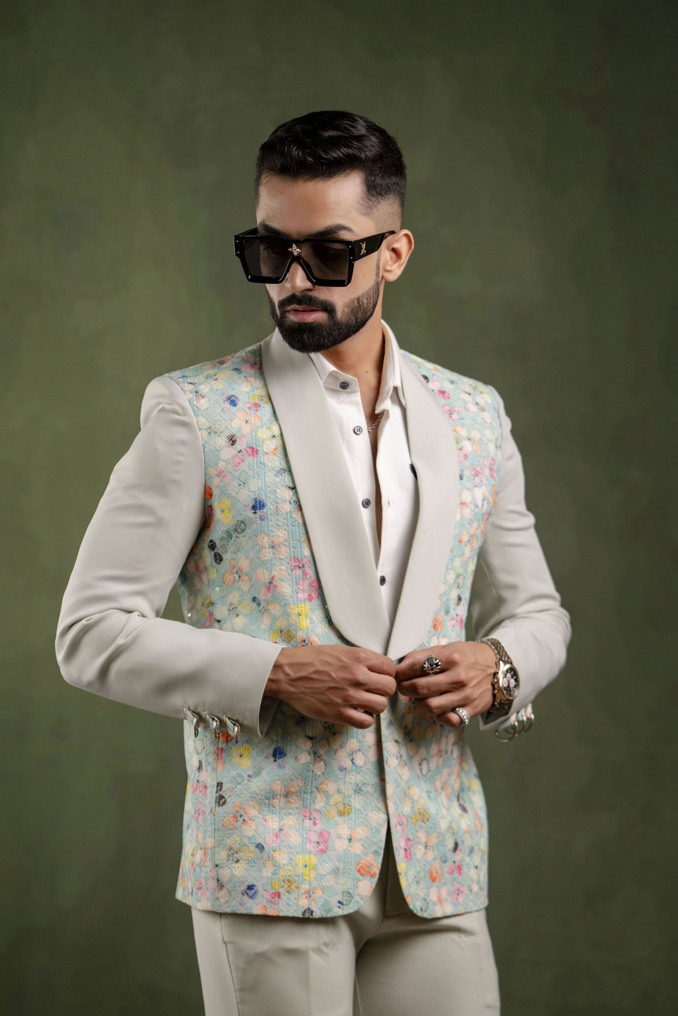 Off Green Painted Tuxedo Blazer