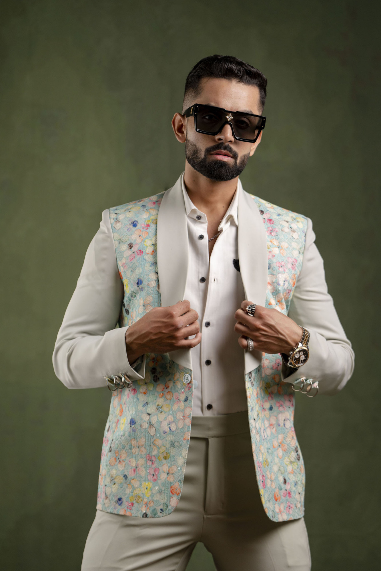 Off Green Painted Tuxedo Blazer