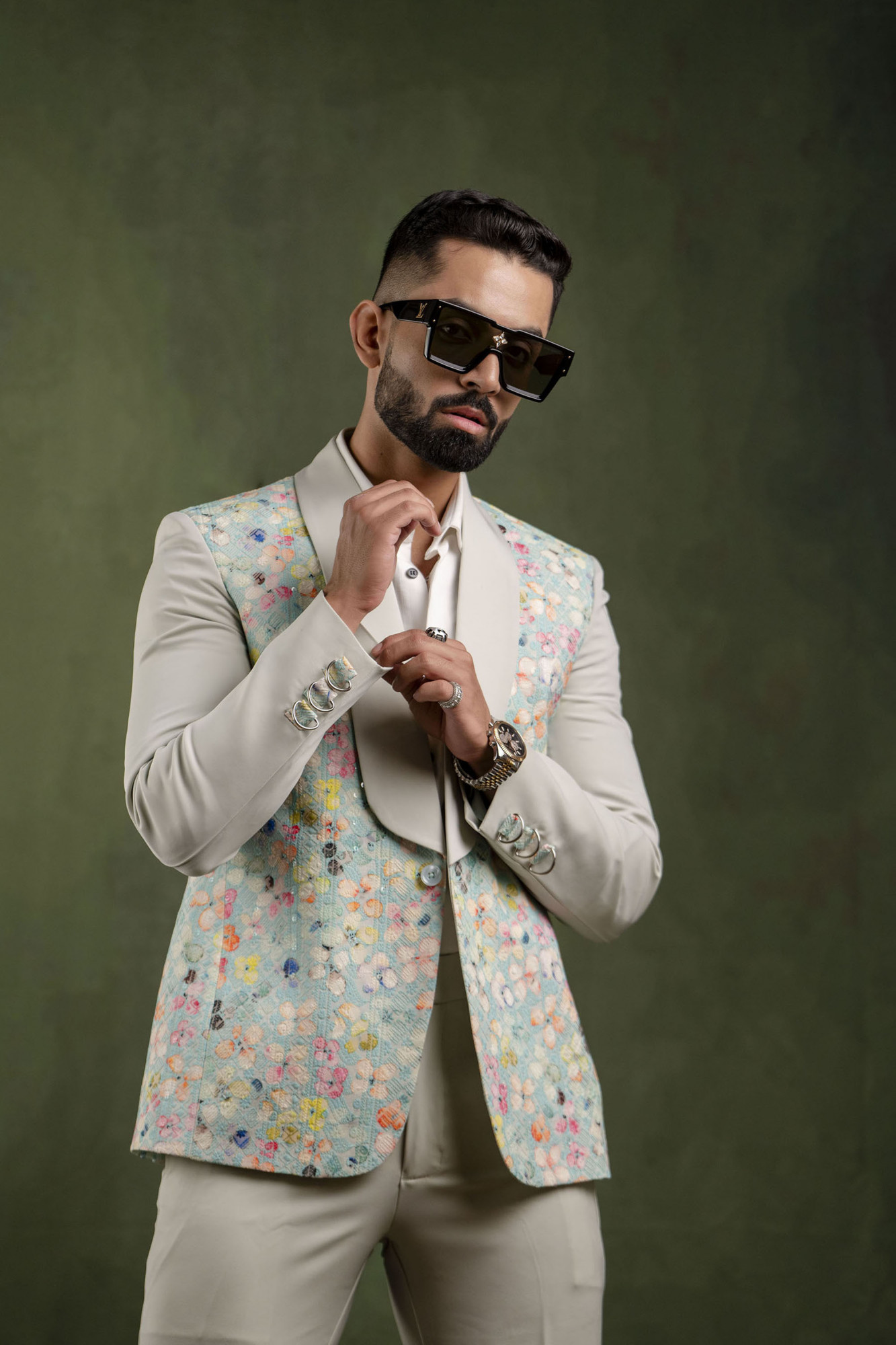 Off Green Painted Tuxedo Blazer