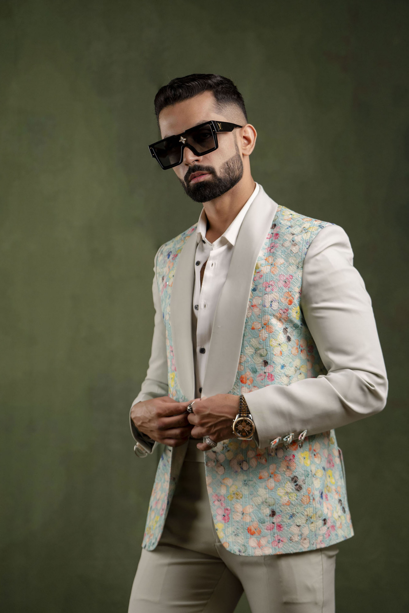 Off Green Painted Tuxedo Blazer