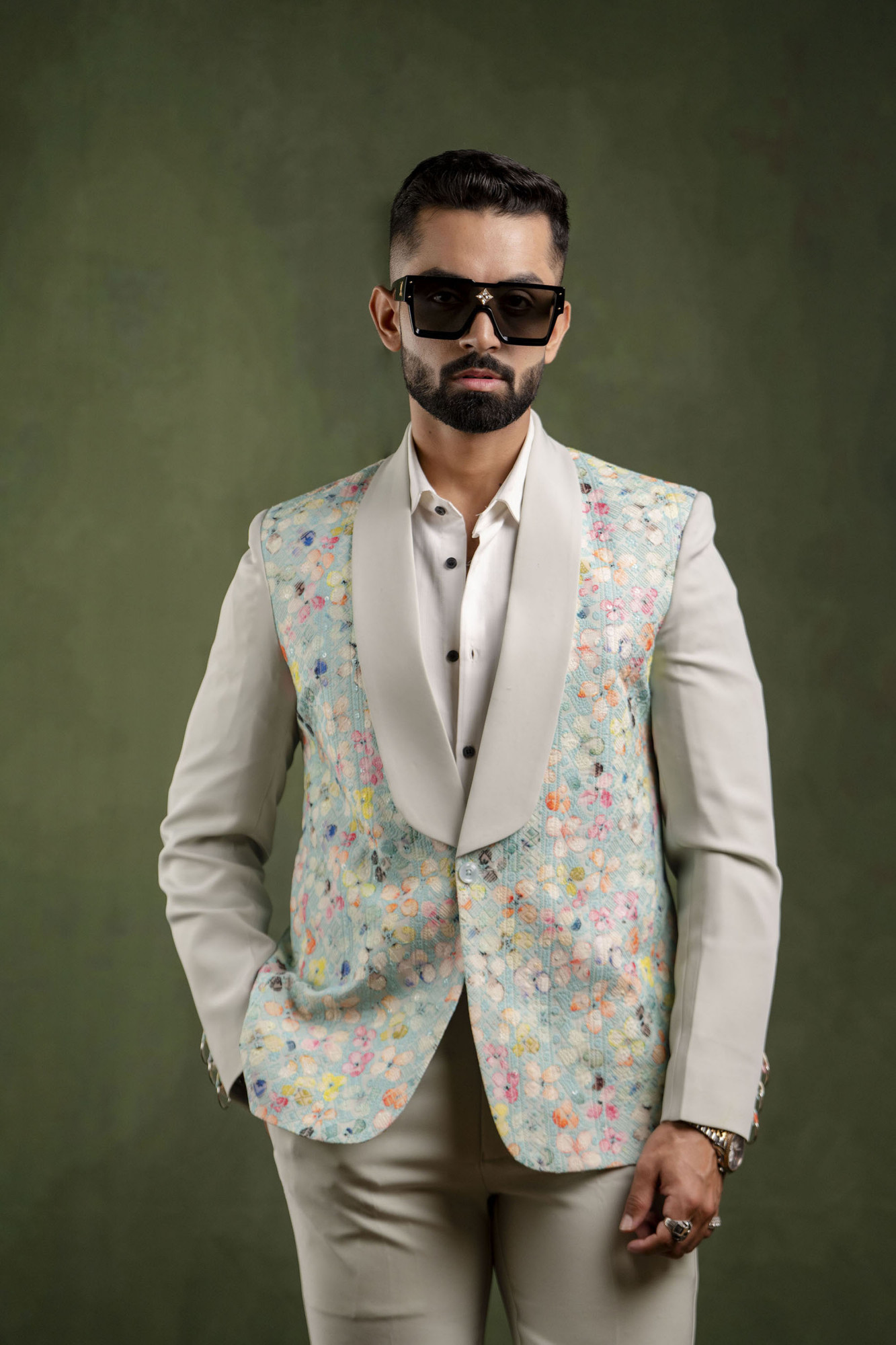 Off Green Painted Tuxedo Blazer