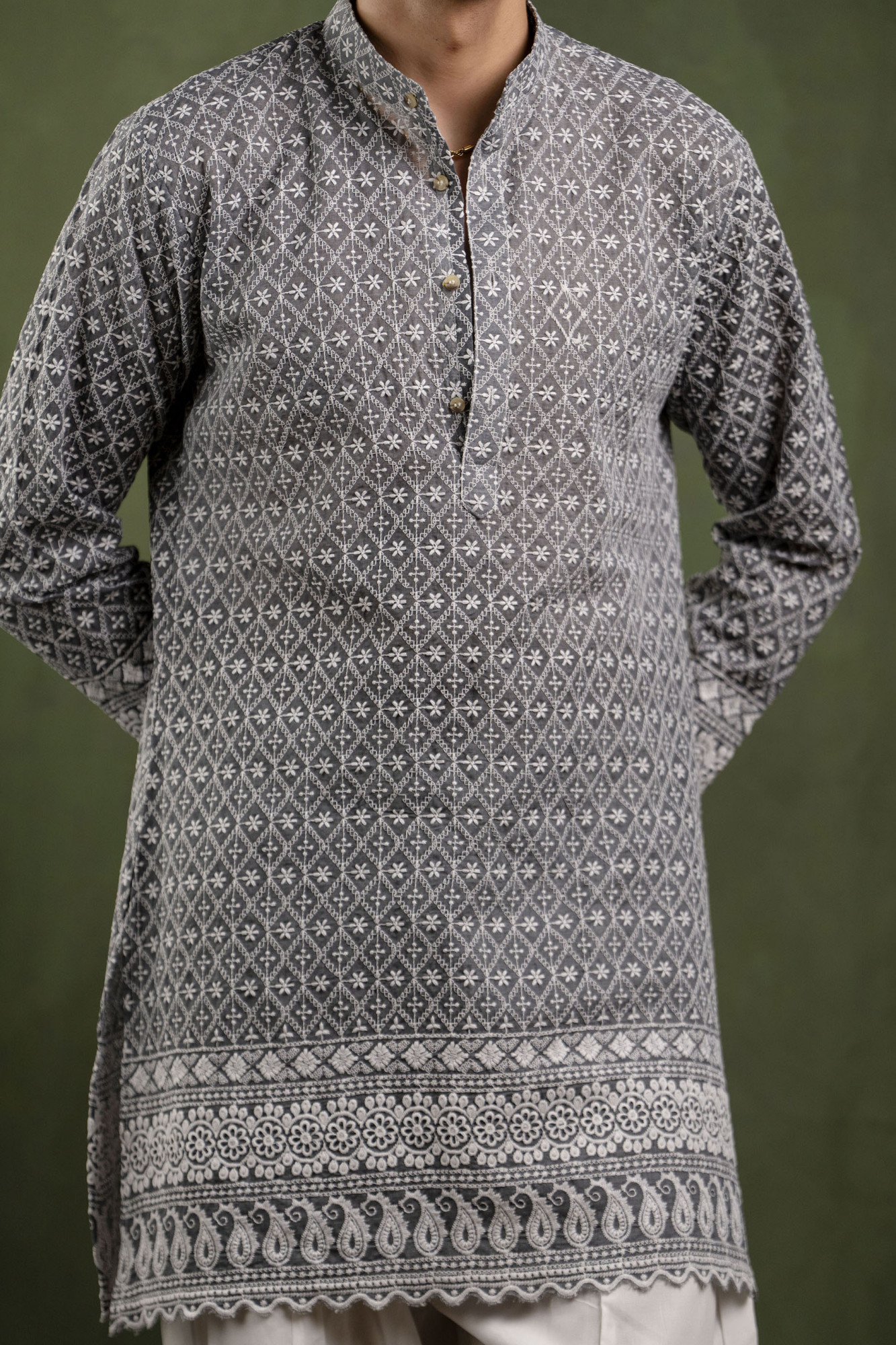 Embroidered Kurta In Gery