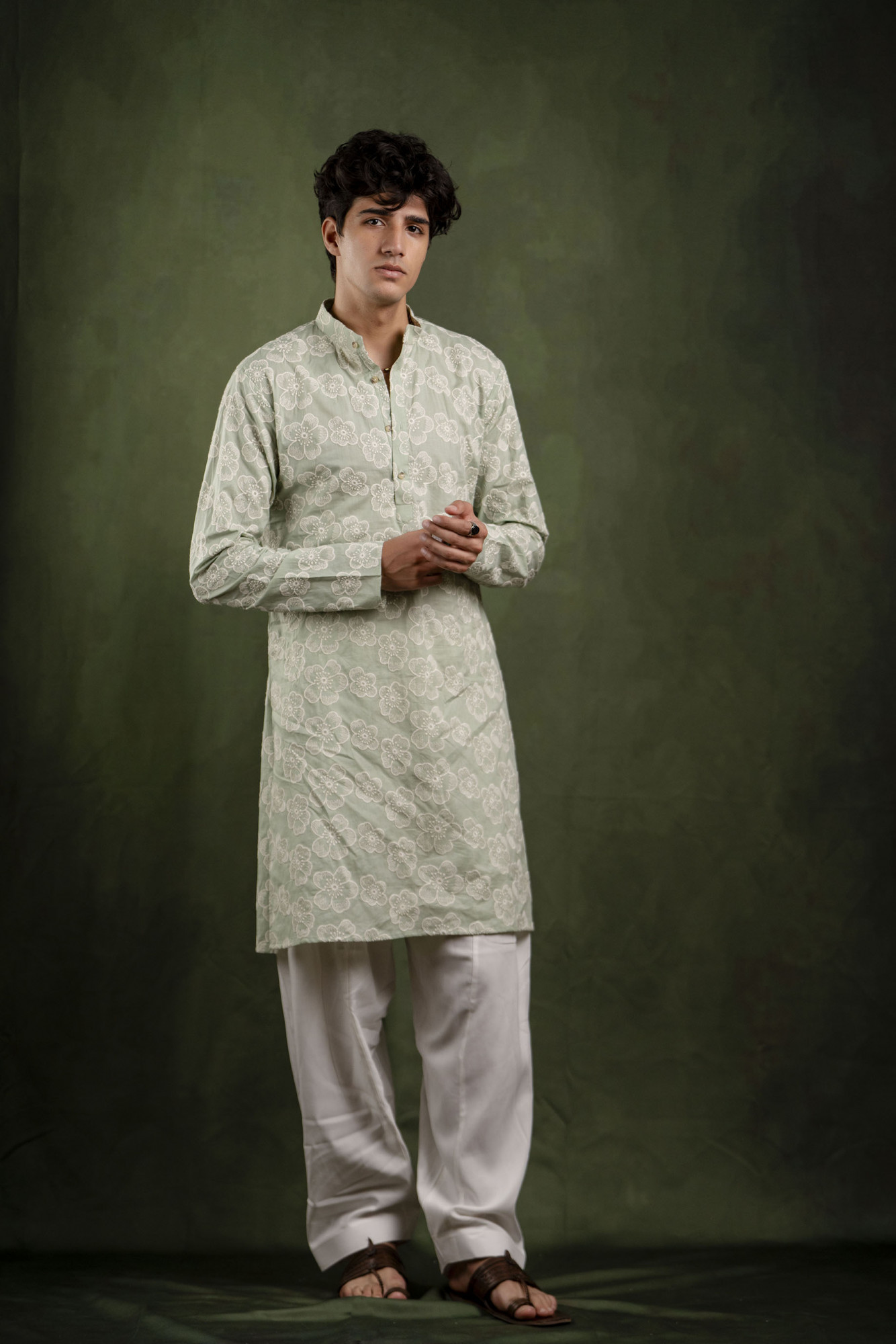 Flower Embroidered Kurta In Off Green