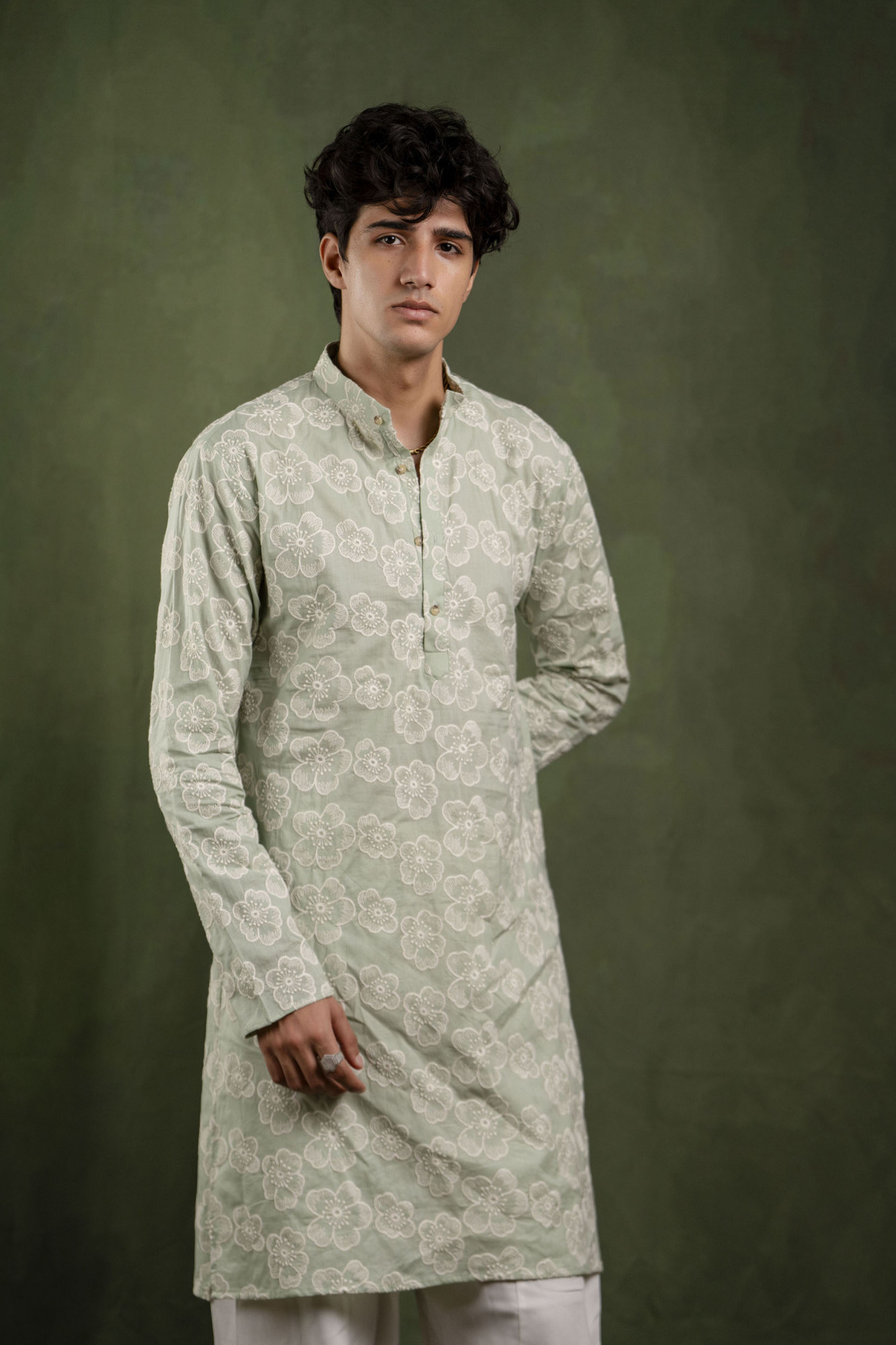 Flower Embroidered Kurta In Off Green