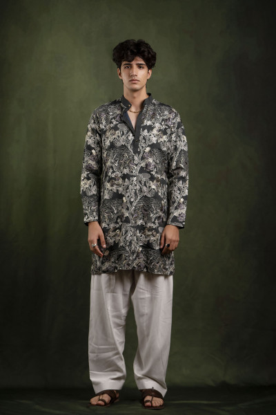 Foil Embroidered Kurta In Charcoal Grey