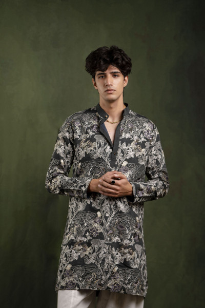 Foil Embroidered Kurta In Charcoal Grey