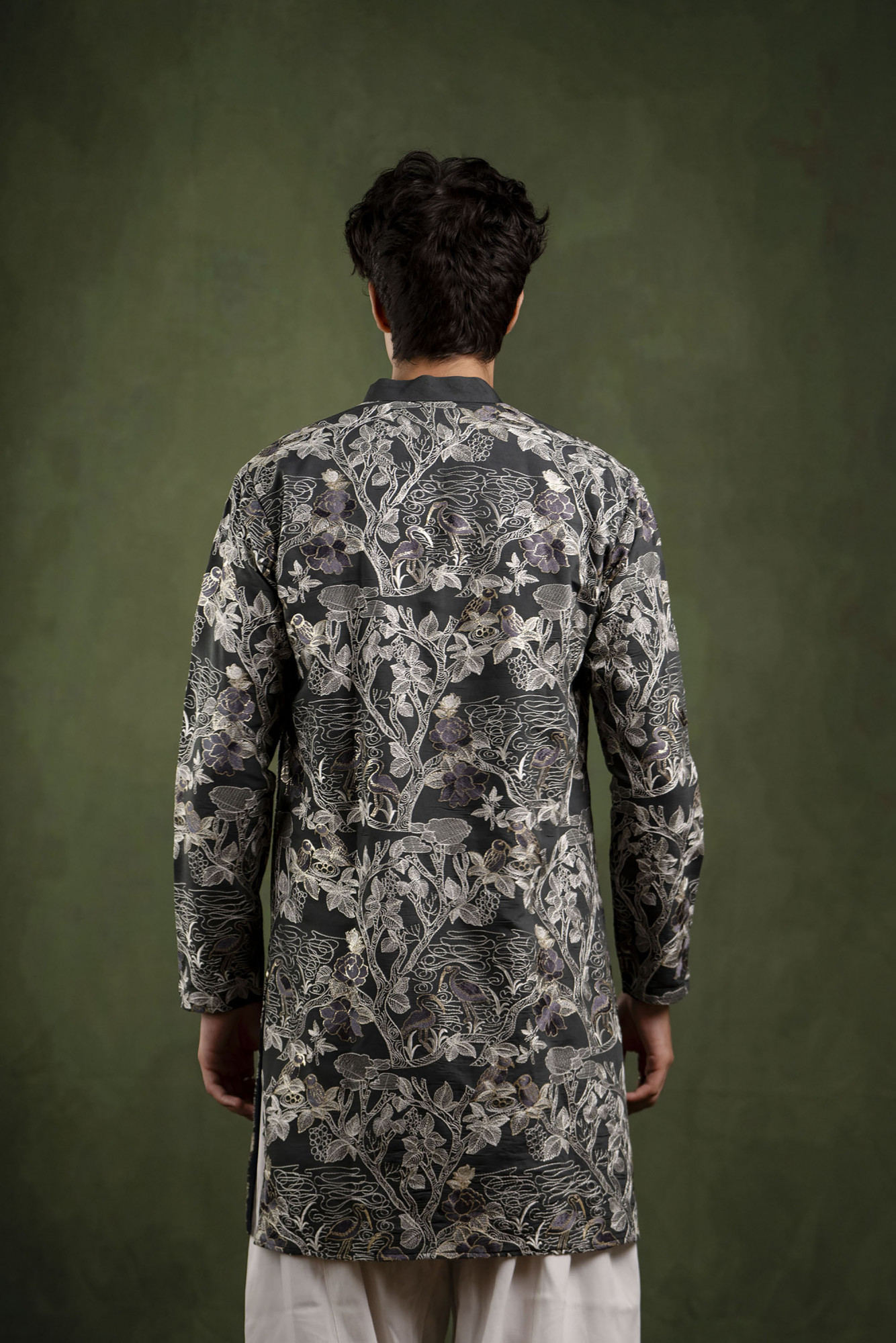 Foil Embroidered Kurta In Charcoal Grey