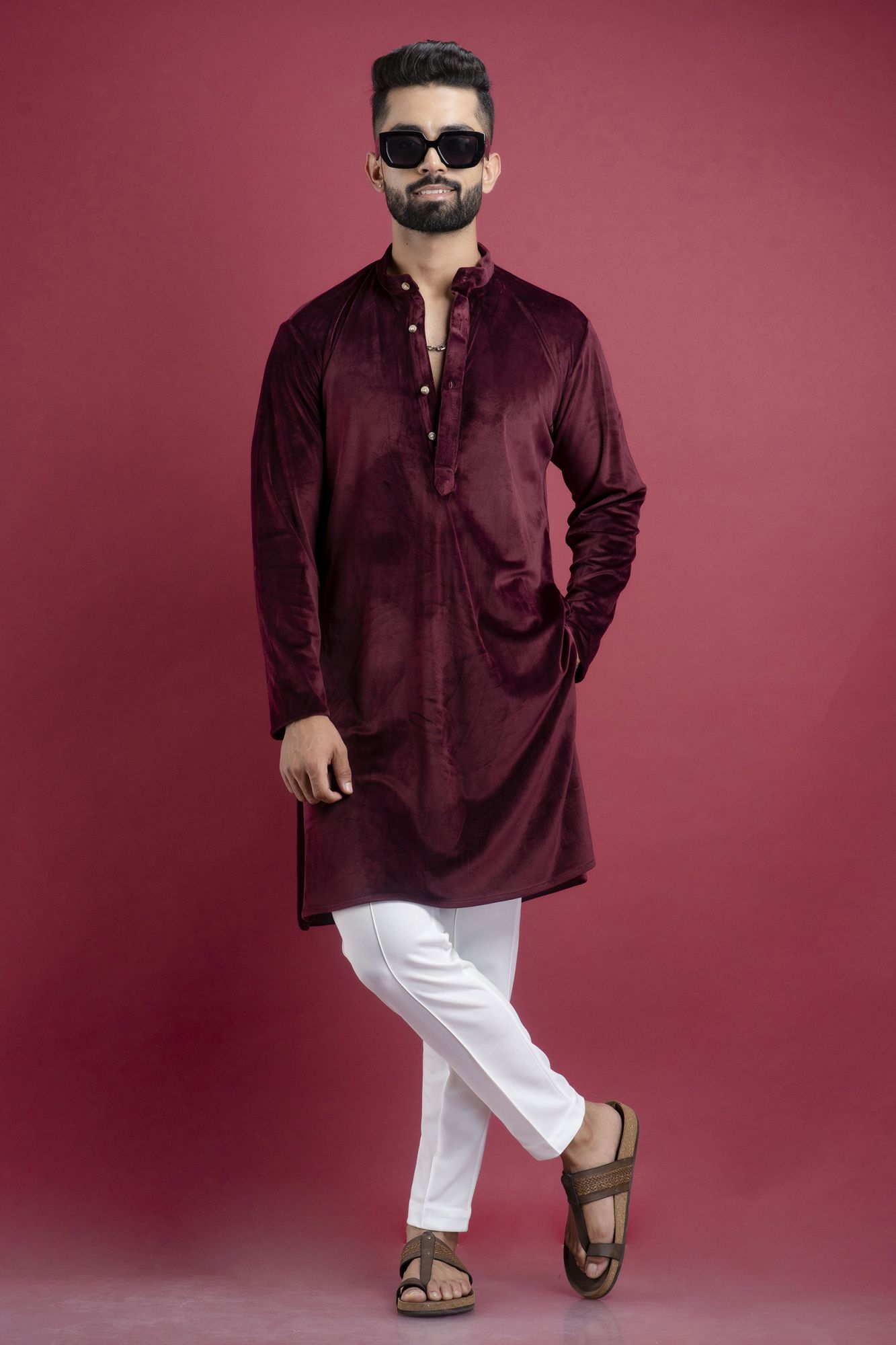 Velvet Kurta In Wine