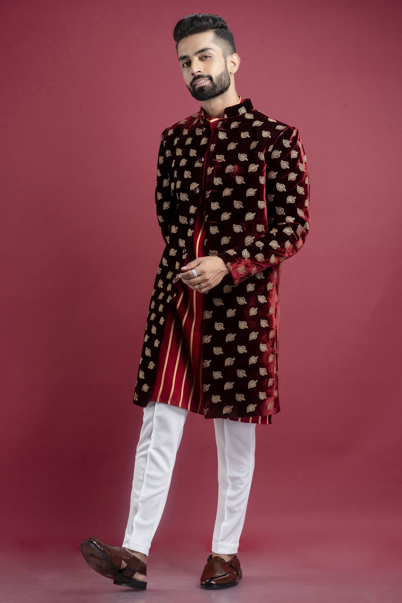 Velvet Bandhgala In Red