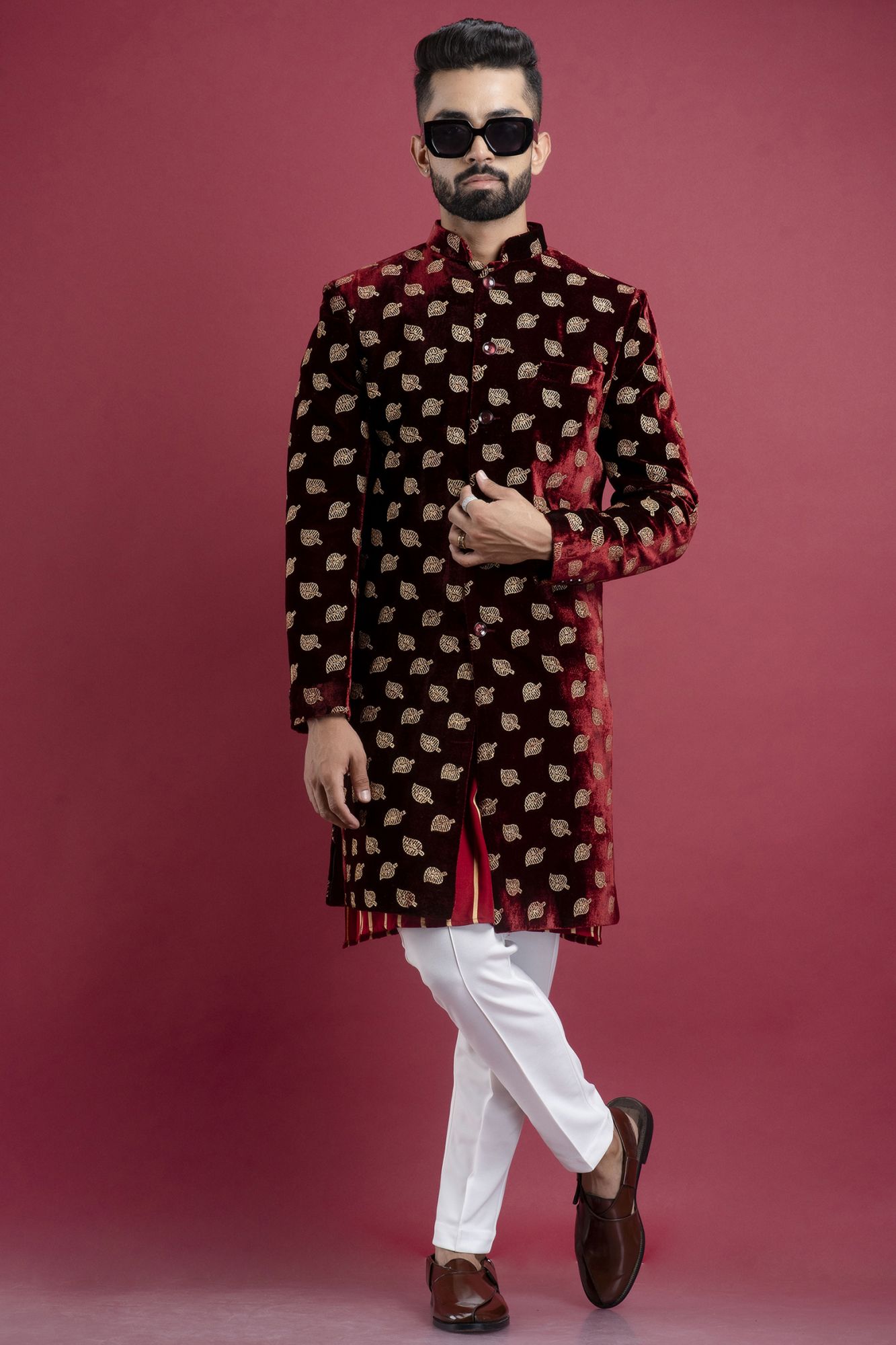 Velvet Bandhgala In Red