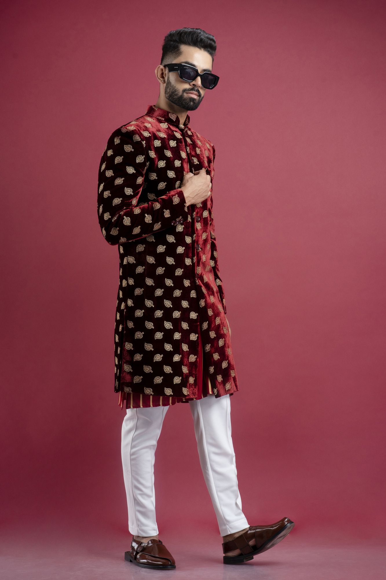 Velvet Bandhgala In Red