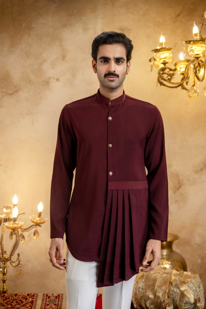 Image of Japanese Draped Kurta In Wine
