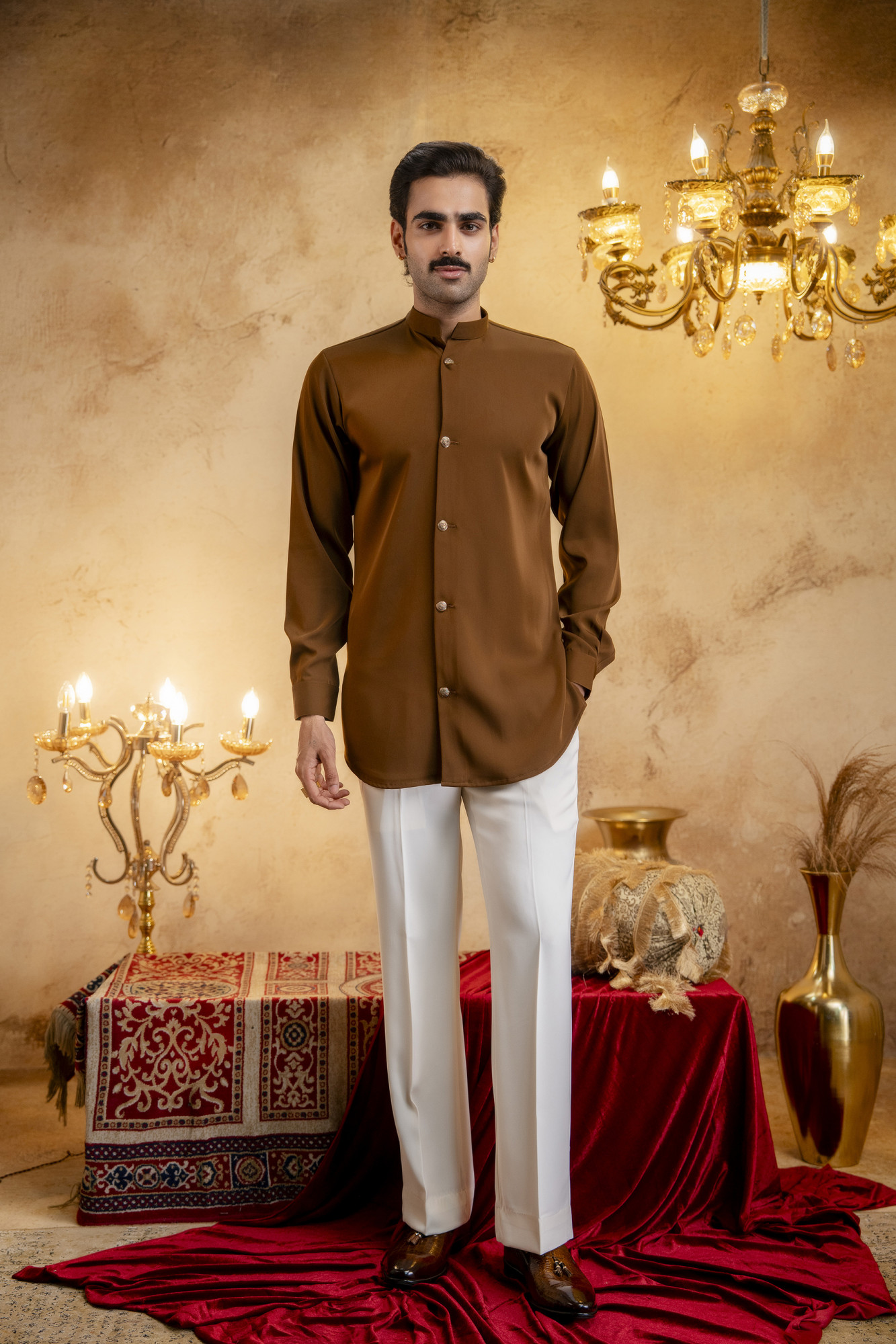 Royal Button Up Short Kurta In Tan