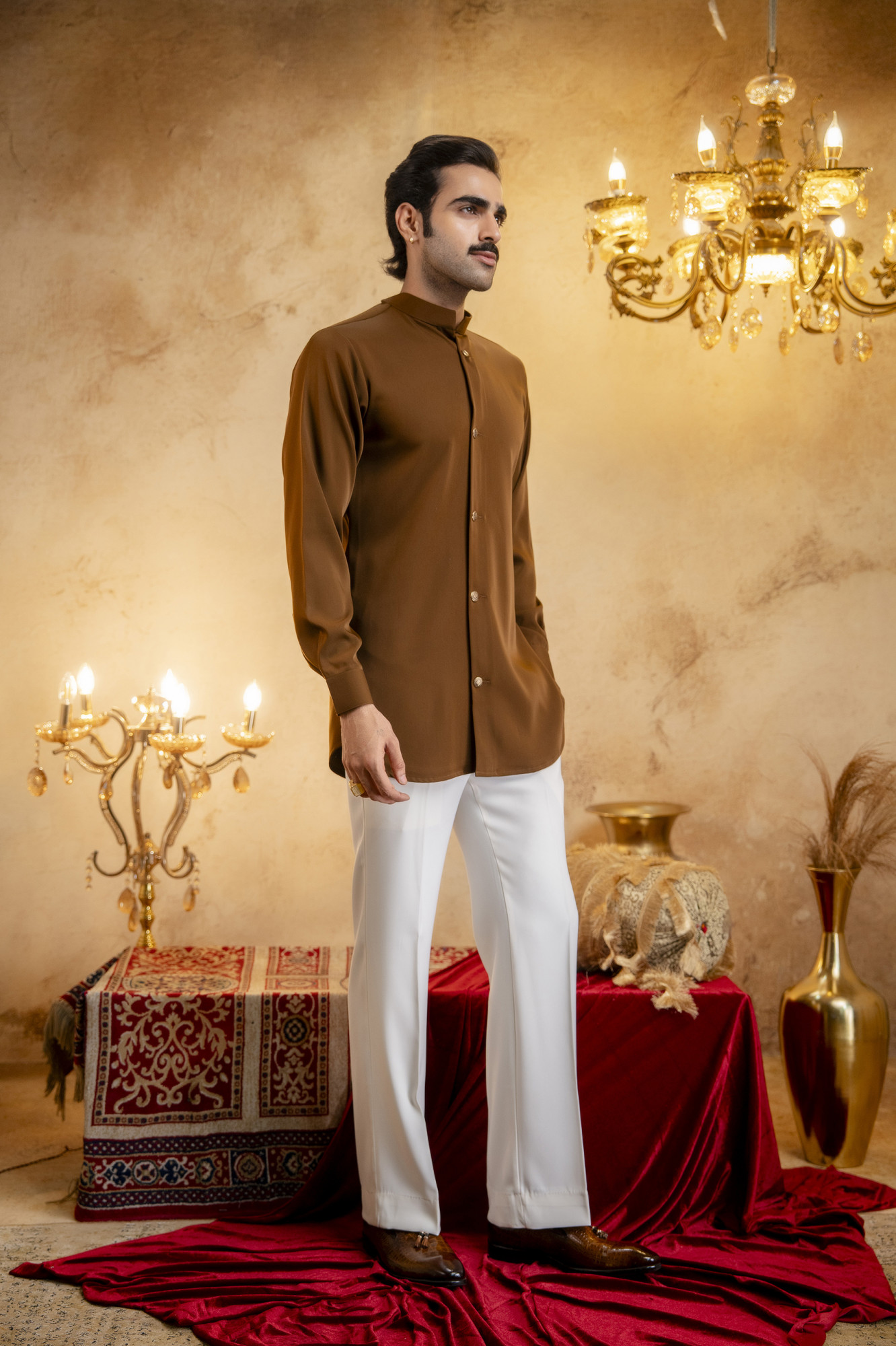 Royal Button Up Short Kurta In Tan