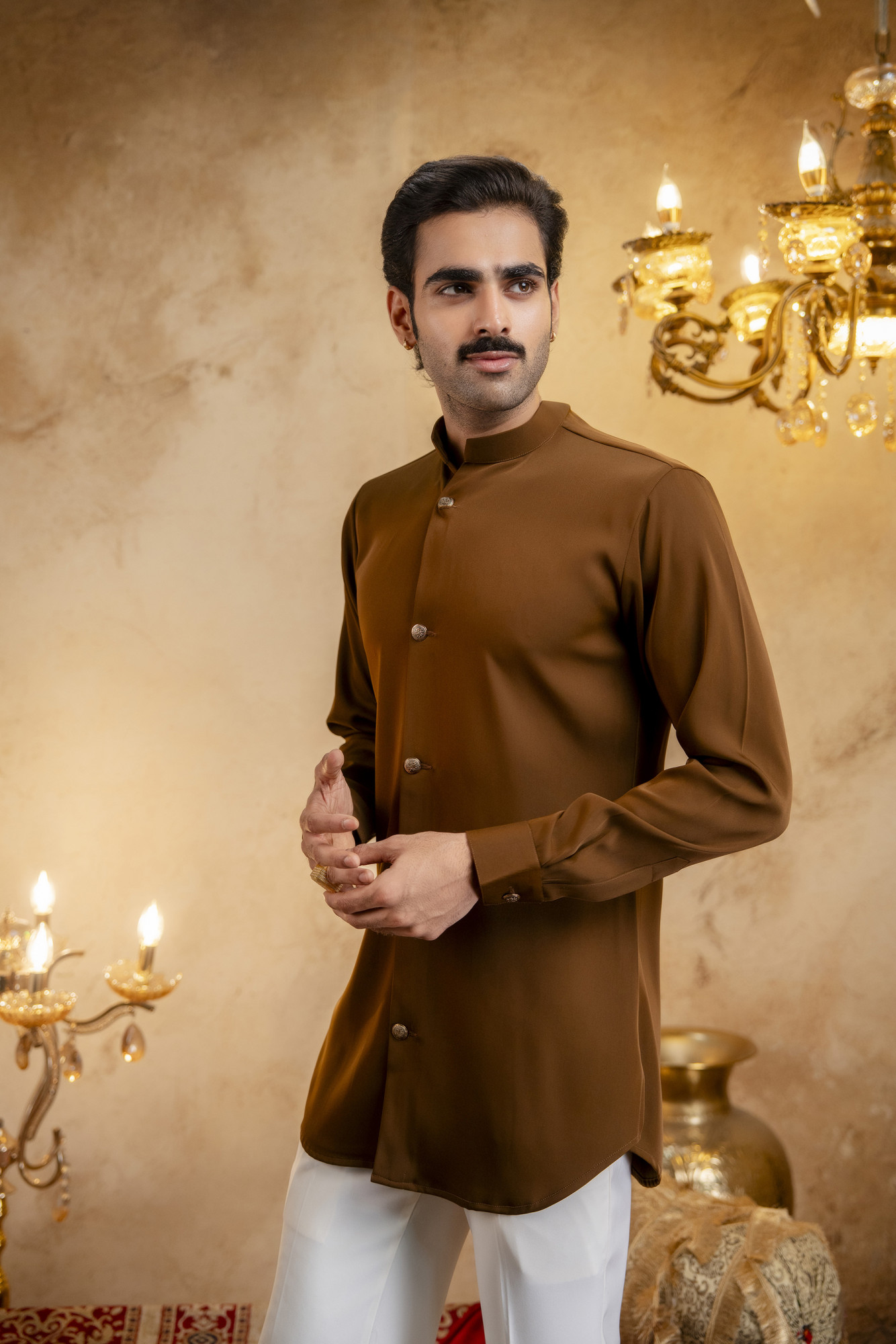 Royal Button Up Short Kurta In Tan
