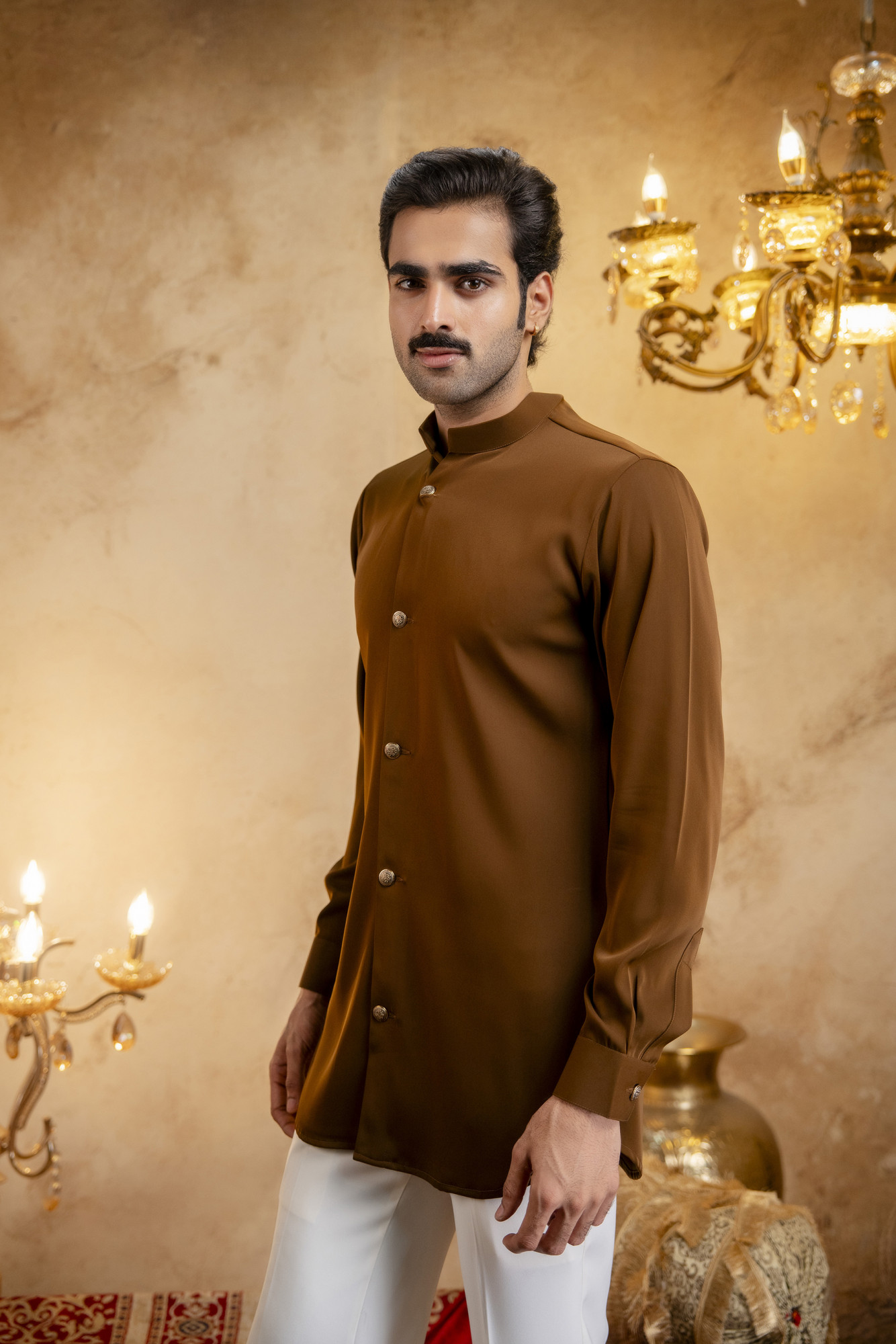 Royal Button Up Short Kurta In Tan