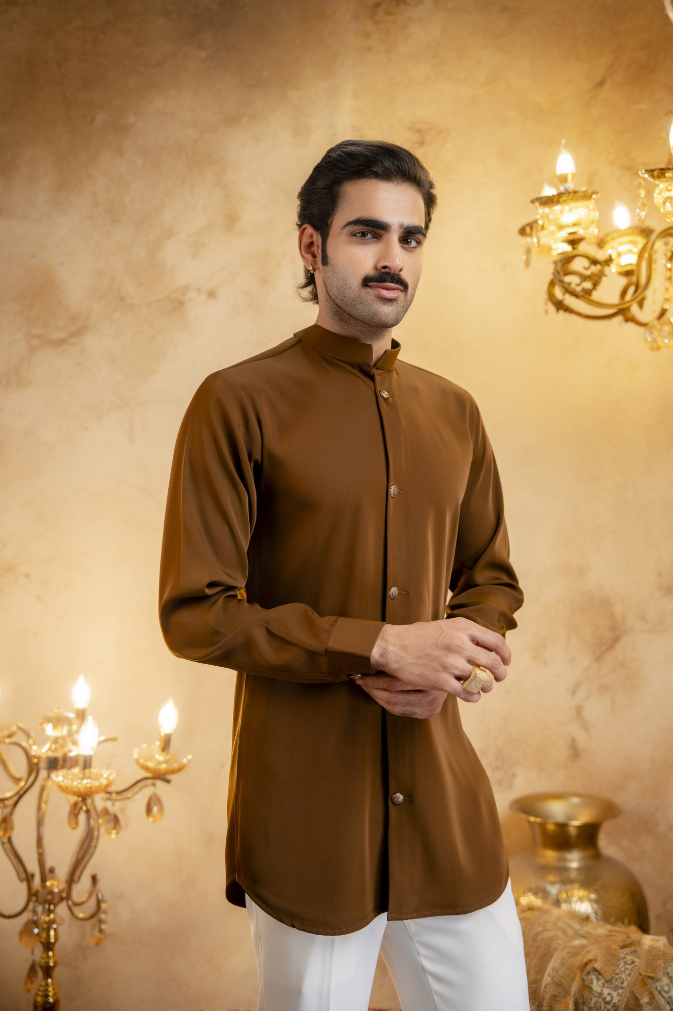 Royal Button Up Short Kurta In Tan