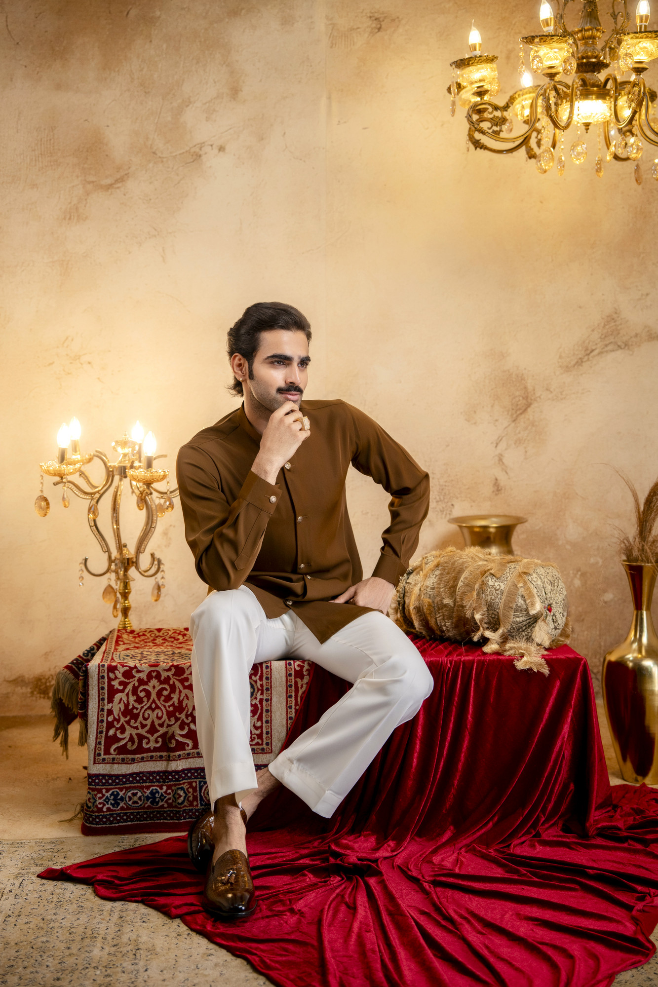 Royal Button Up Short Kurta In Tan