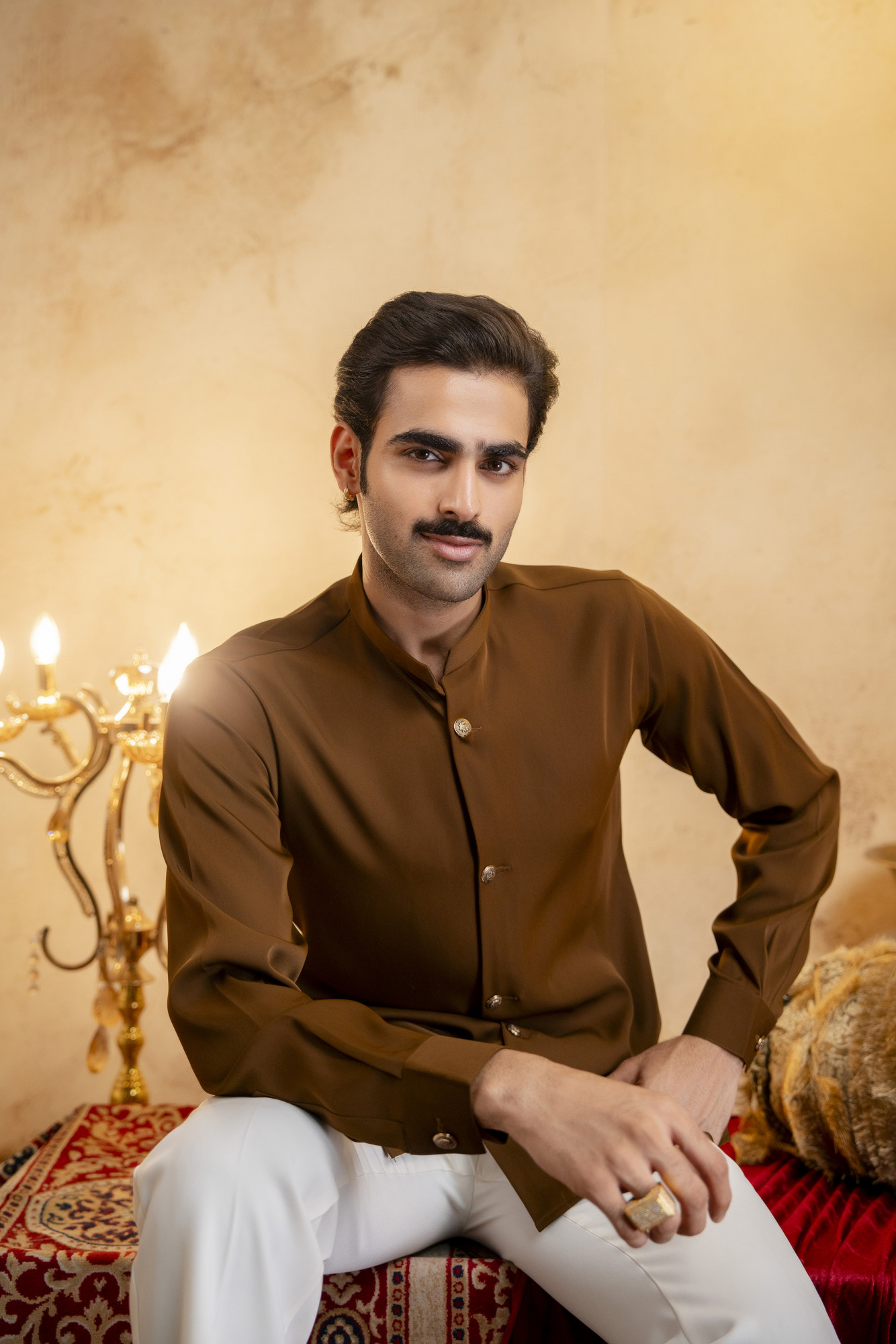 Royal Button Up Short Kurta In Tan
