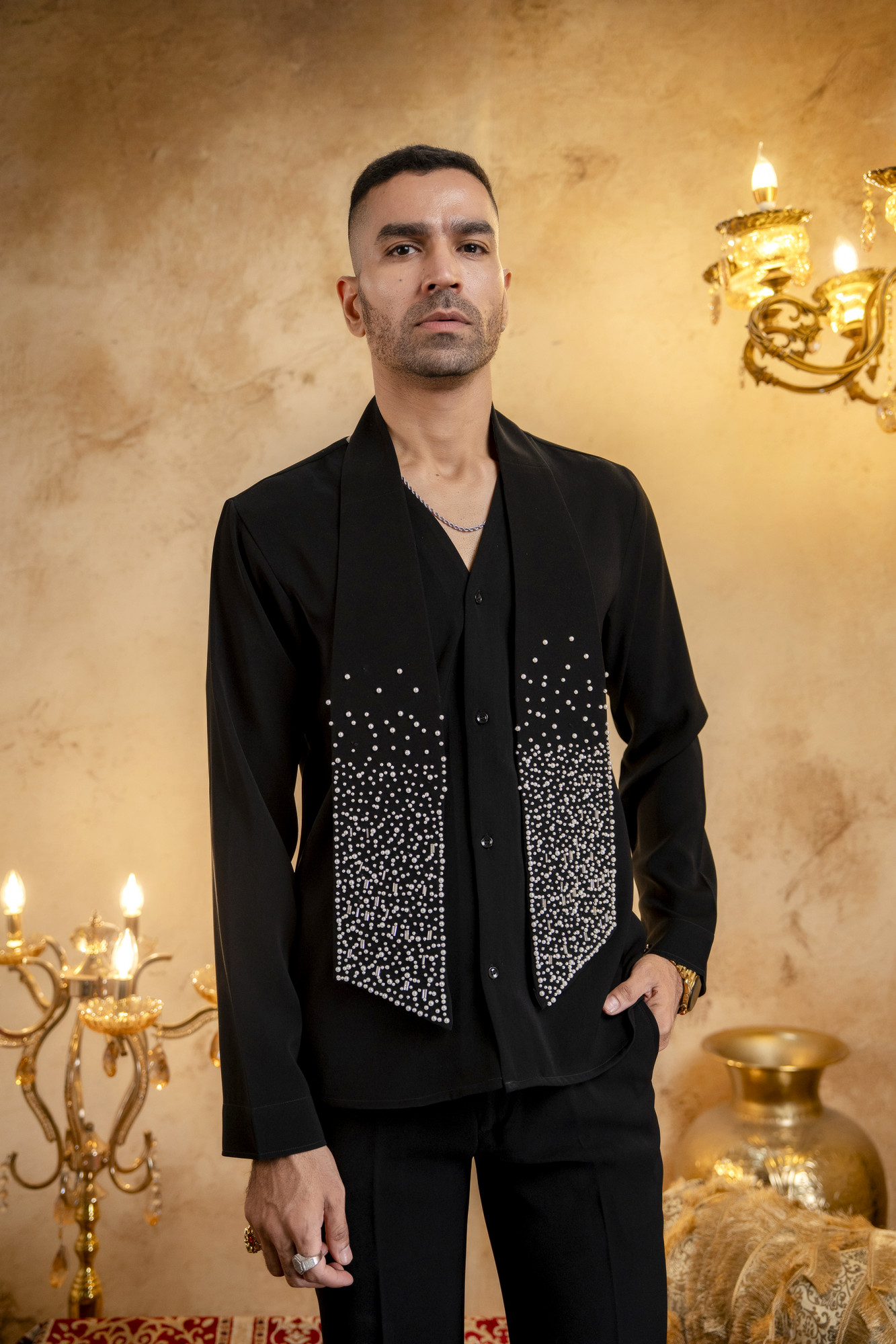 Pearl Embellished Shirt With Tie