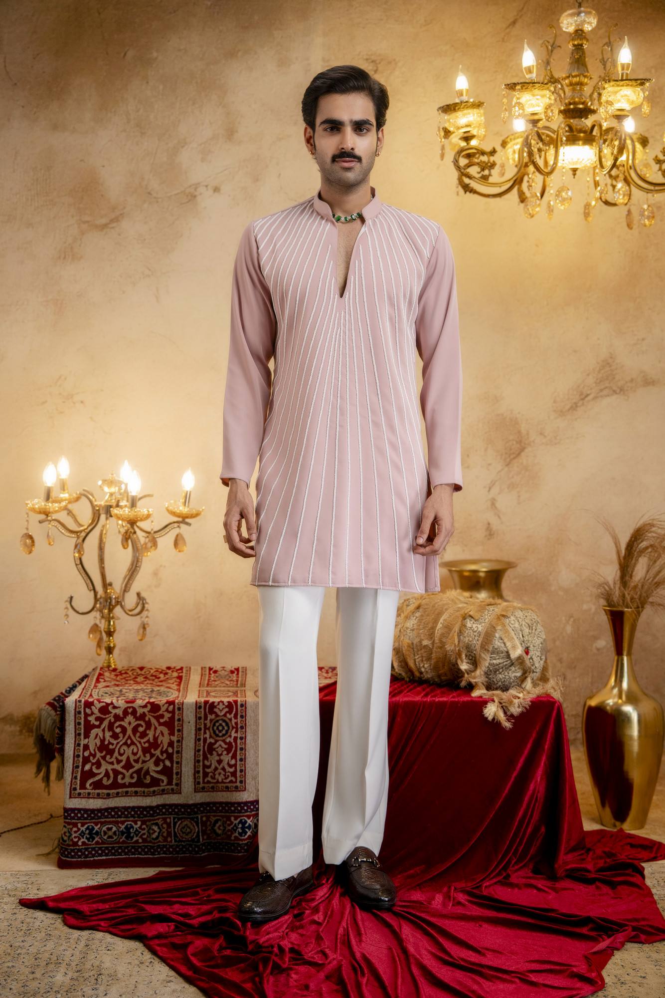 Pearl Embellished Kurta In Pink