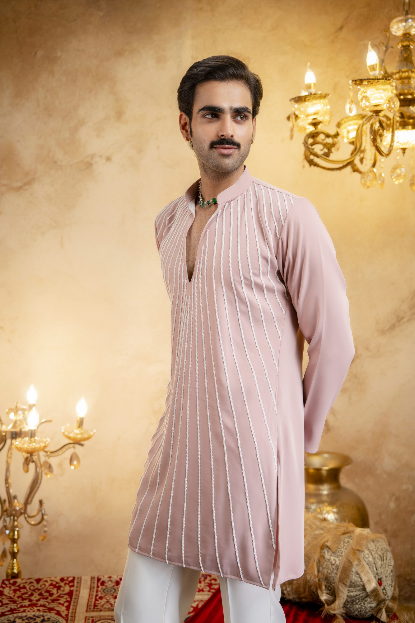 Pearl Embellished Kurta In Pink