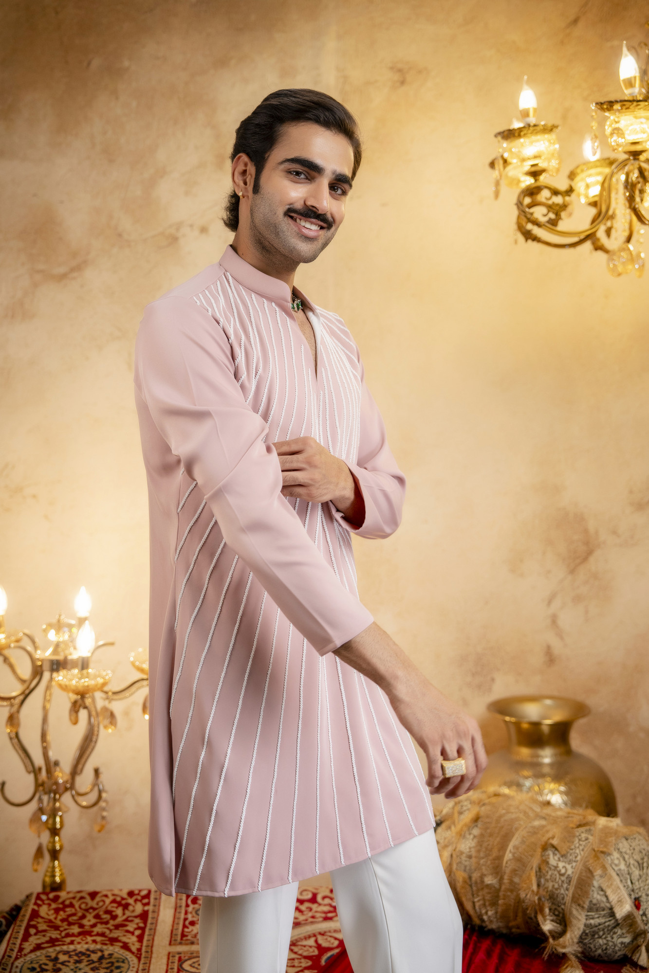 Pearl Embellished Kurta In Pink
