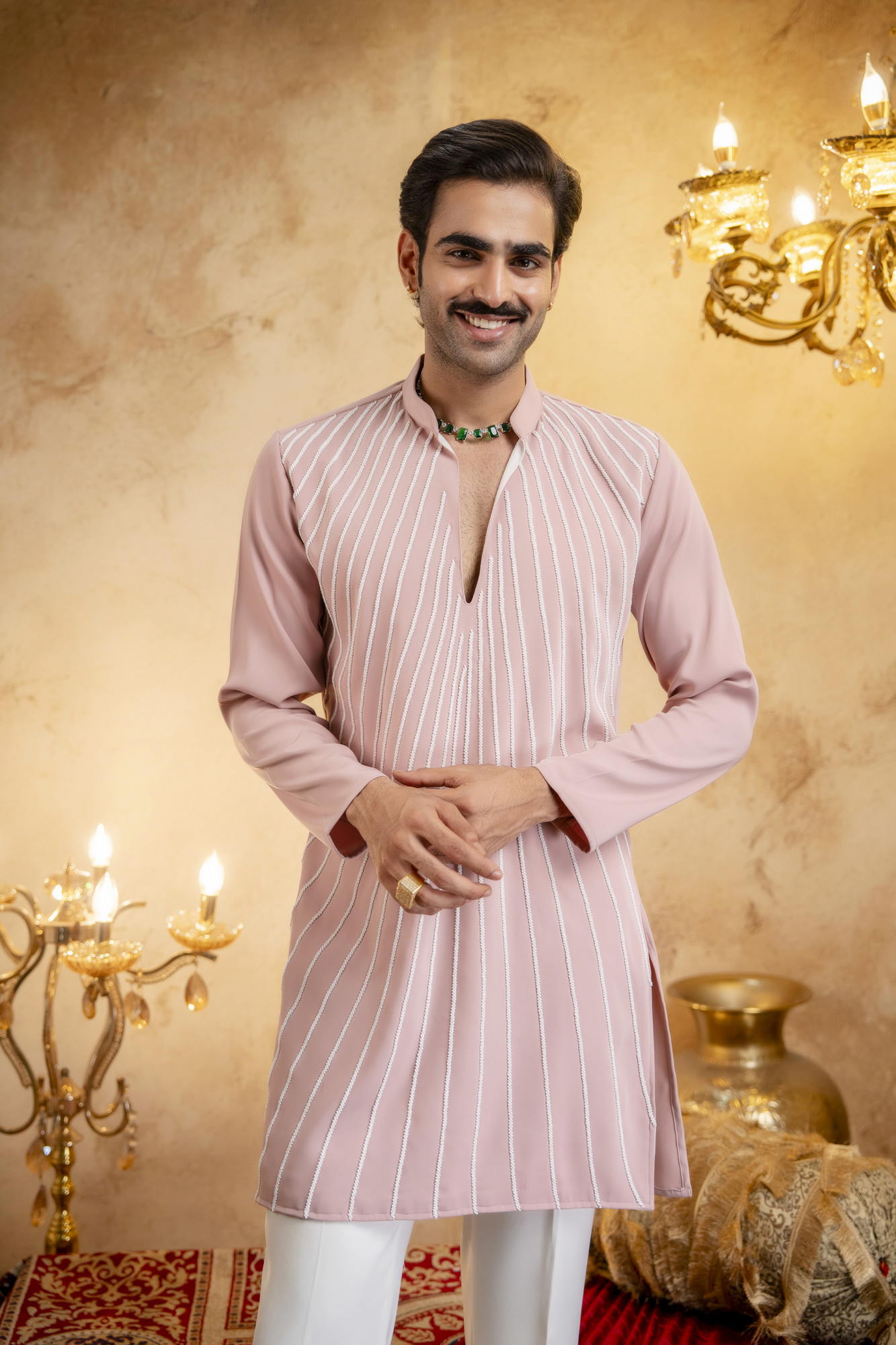 Pearl Embellished Kurta In Pink