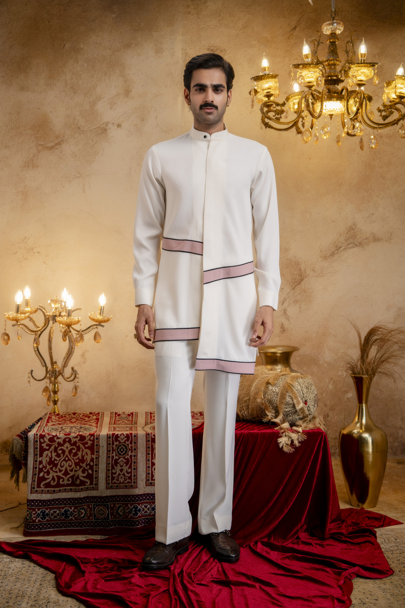 Asymmetrical Piped Open Angrakha Kurta In Off-White
