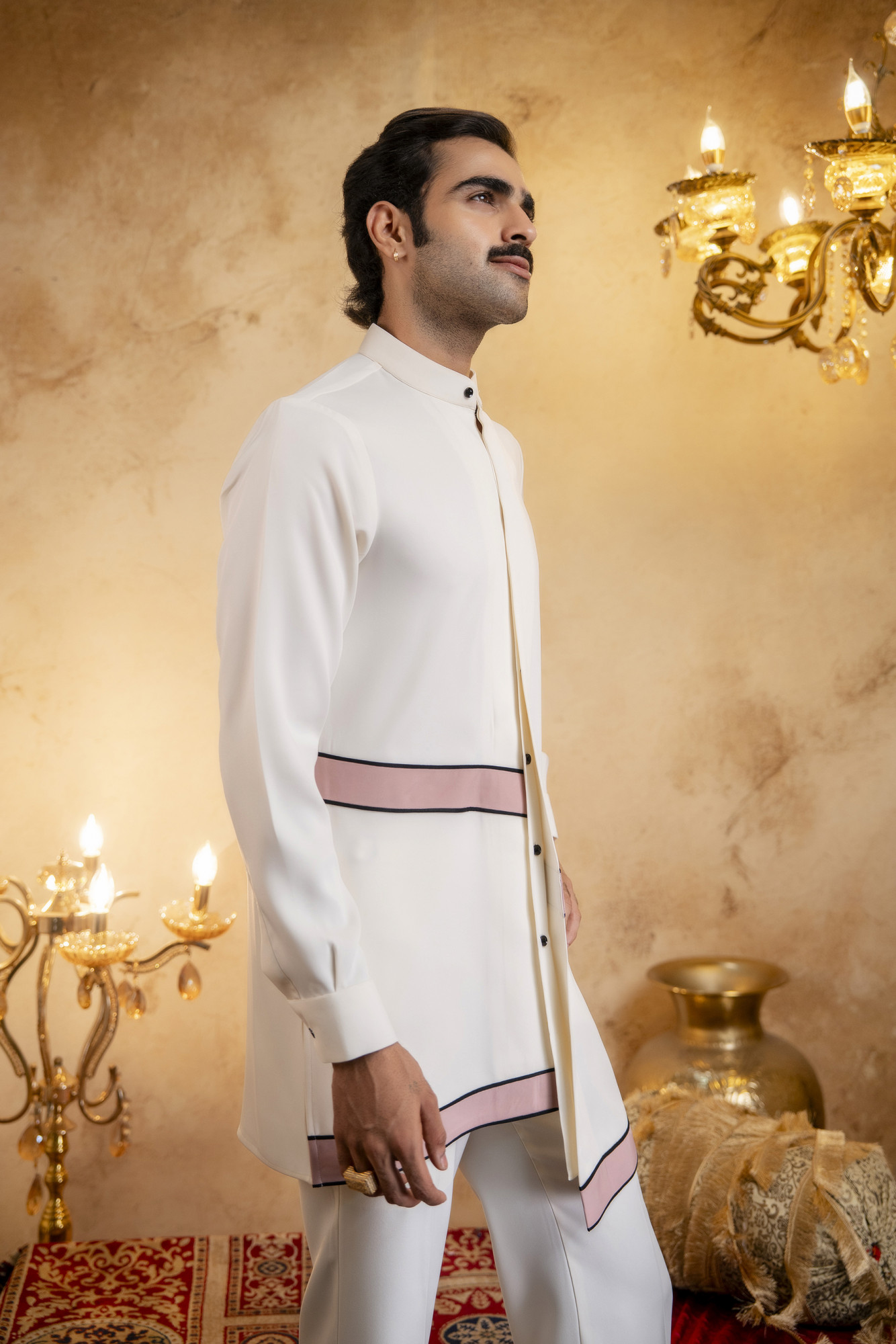 Asymmetrical Piped Open Angrakha Kurta In Off-White