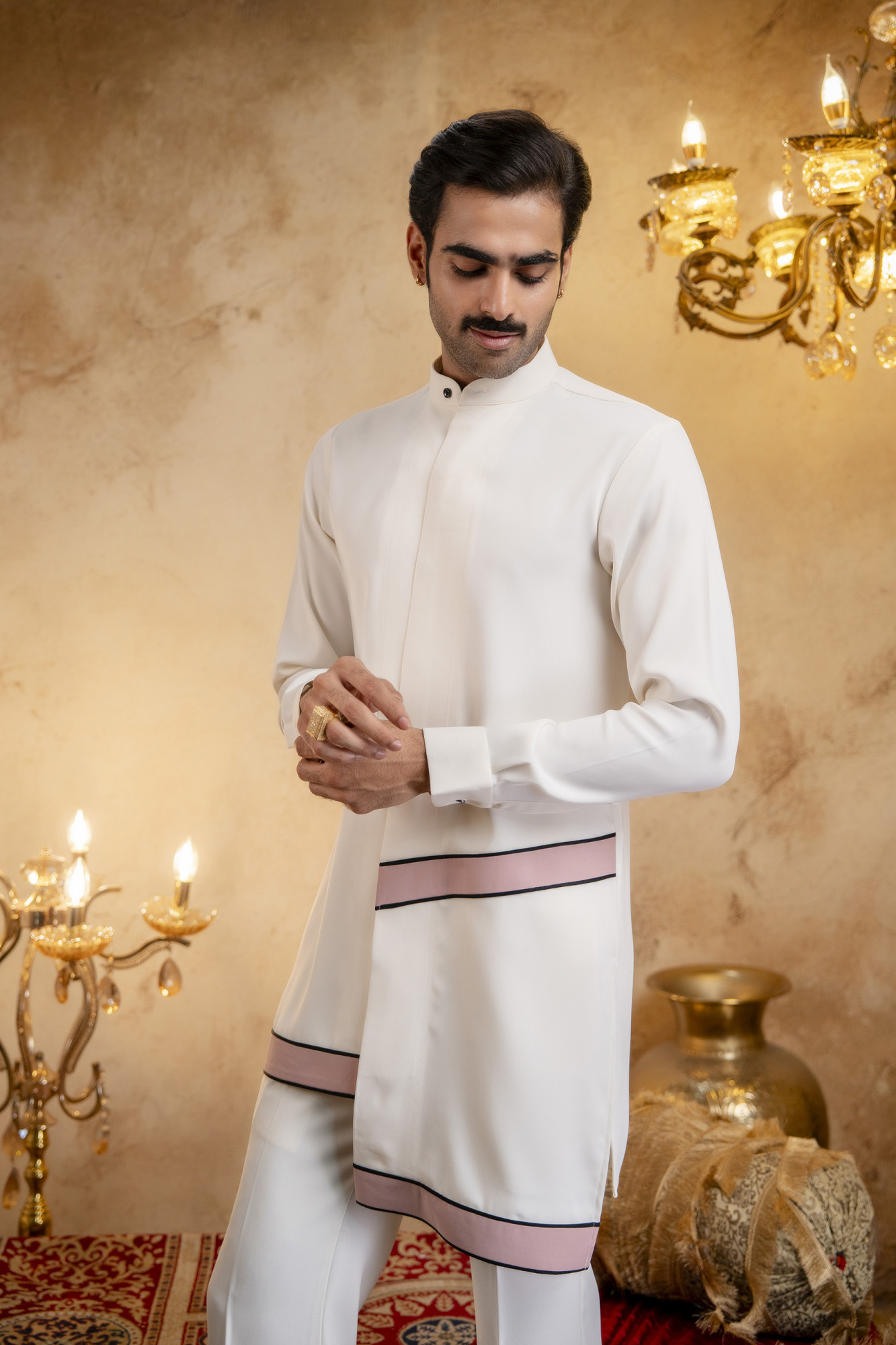 Asymmetrical Piped Open Angrakha Kurta In Off-White