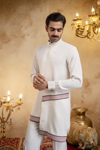 Asymmetrical Piped Open Angrakha Kurta In Off-White