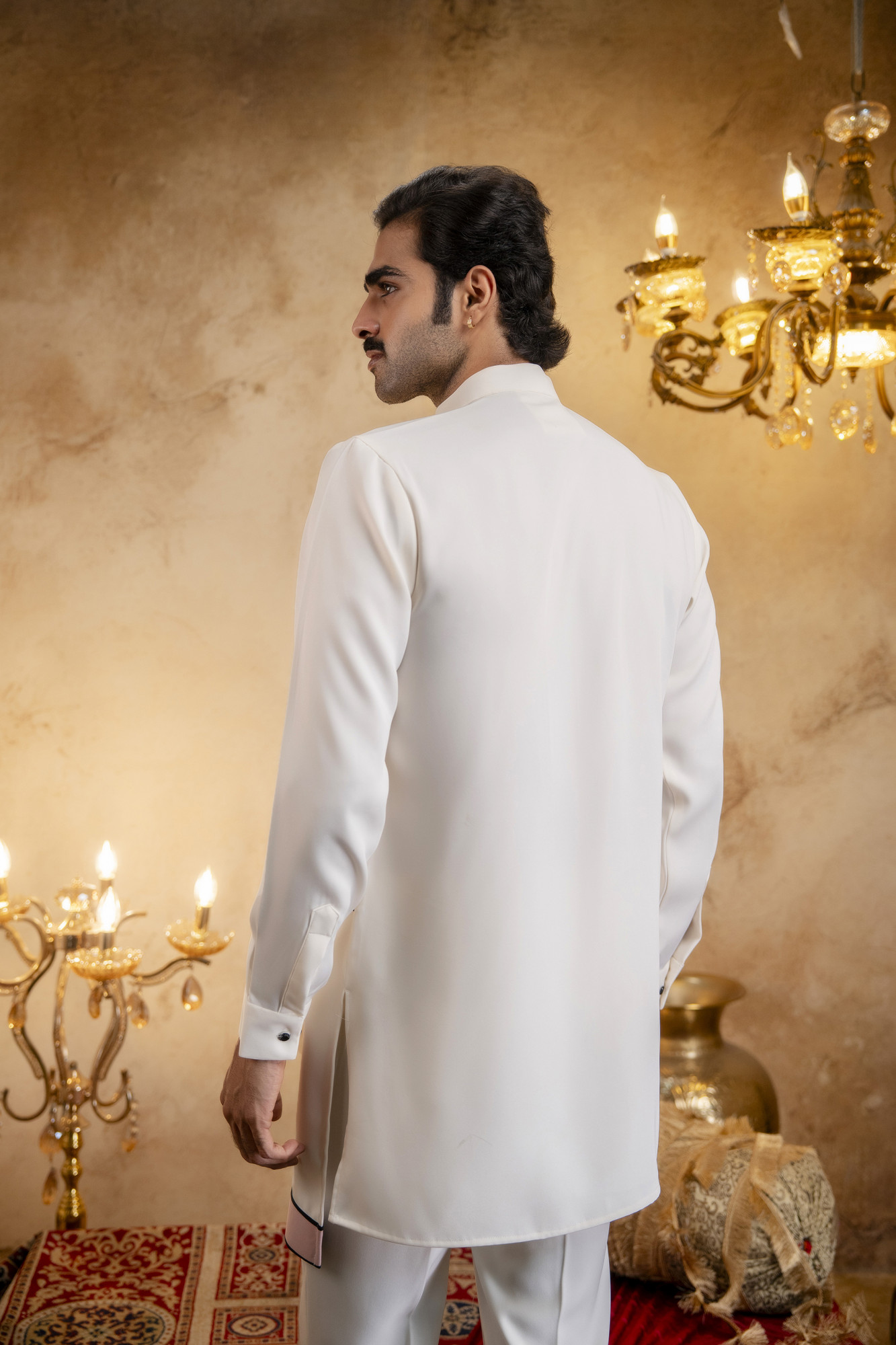 Asymmetrical Piped Open Angrakha Kurta In Off-White