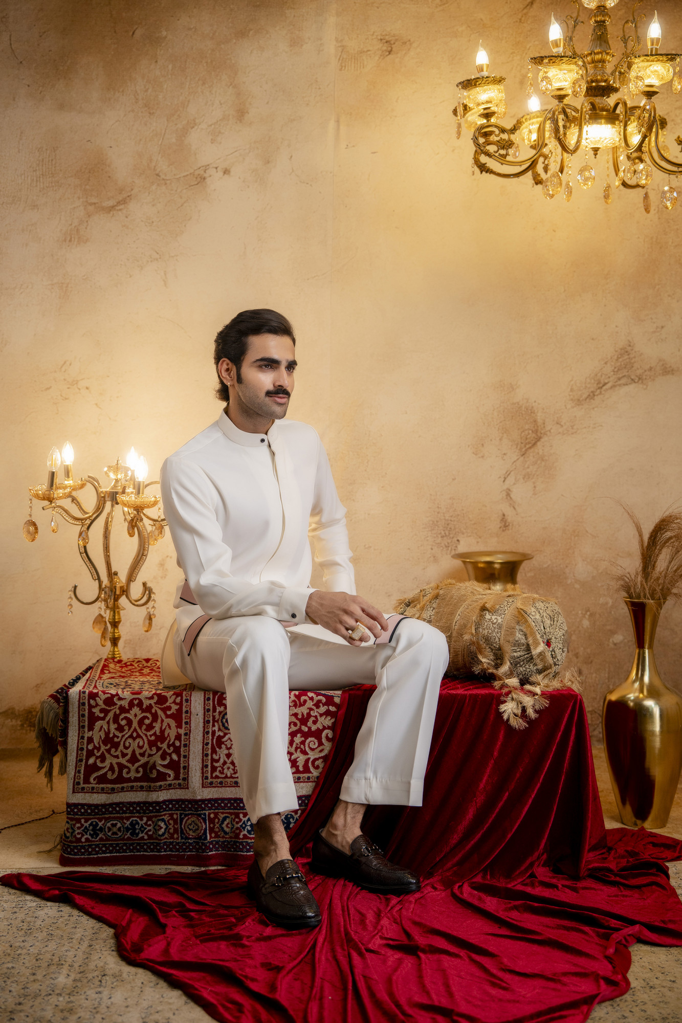 Asymmetrical Piped Open Angrakha Kurta In Off-White