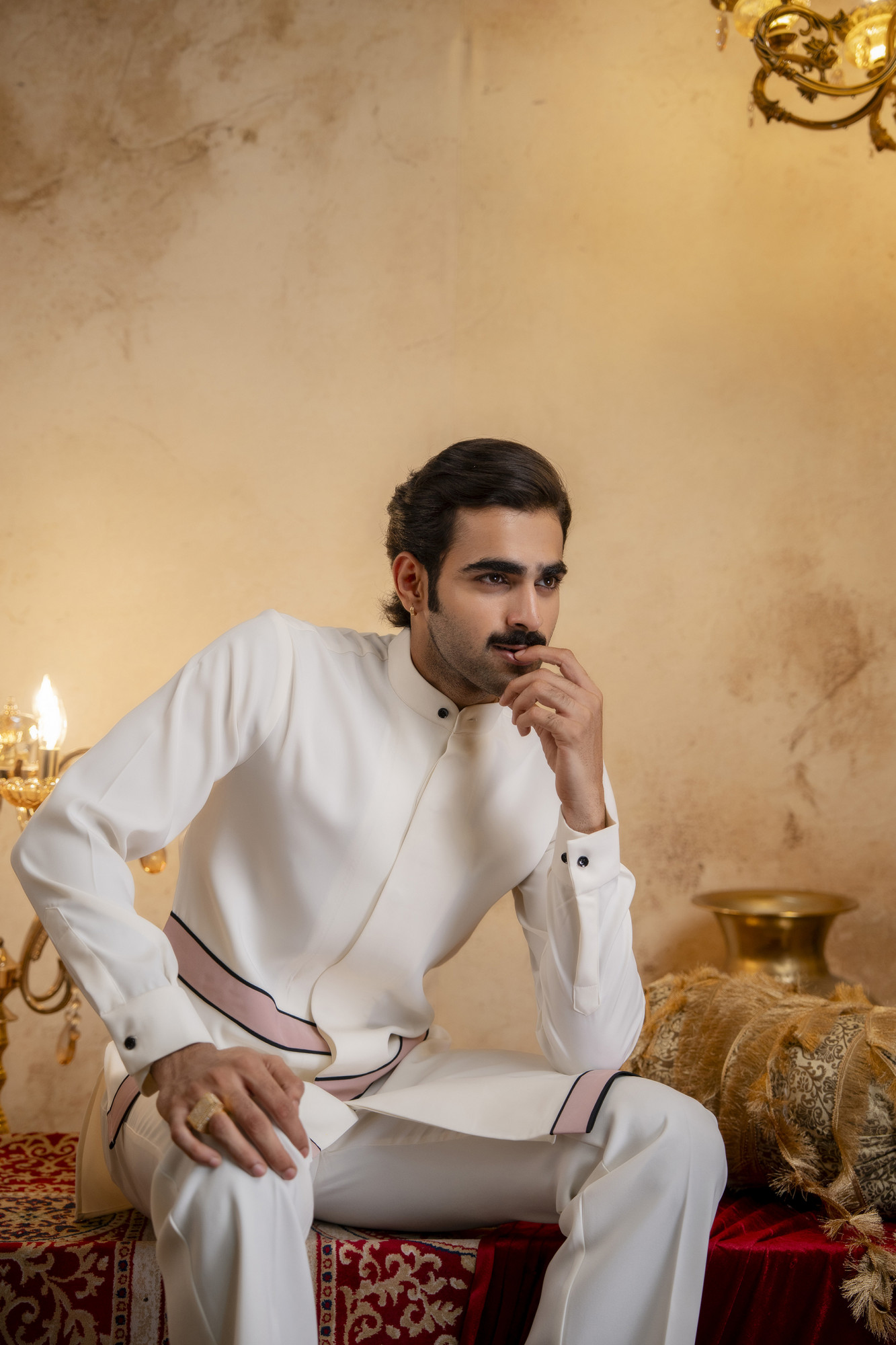 Asymmetrical Piped Open Angrakha Kurta In Off-White