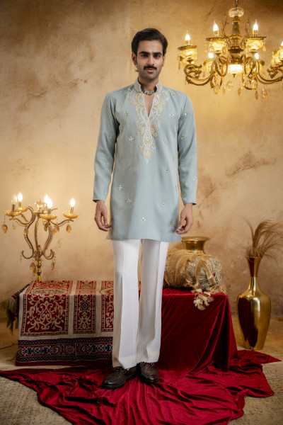 Hand Embroidered Japanese Kurta In Mint