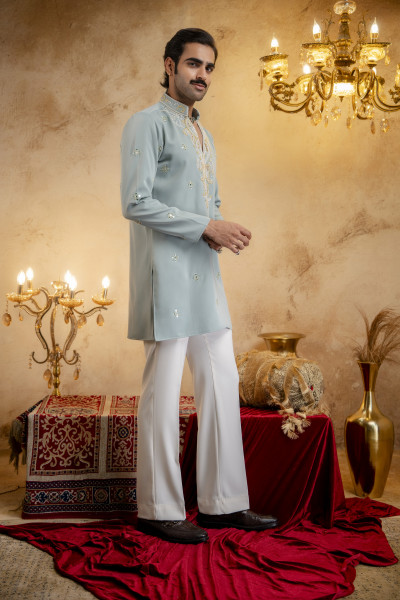 Hand Embroidered Japanese Kurta In Mint