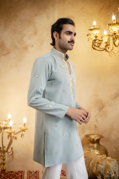 Hand Embroidered Japanese Kurta In Mint