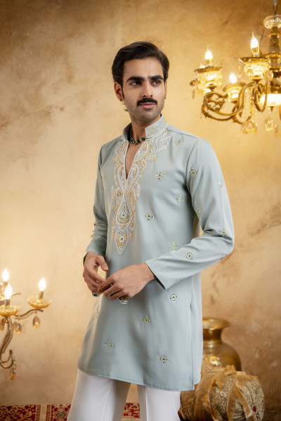 Hand Embroidered Japanese Kurta In Mint