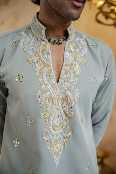 Hand Embroidered Japanese Kurta In Mint