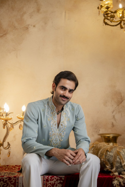 Hand Embroidered Japanese Kurta In Mint